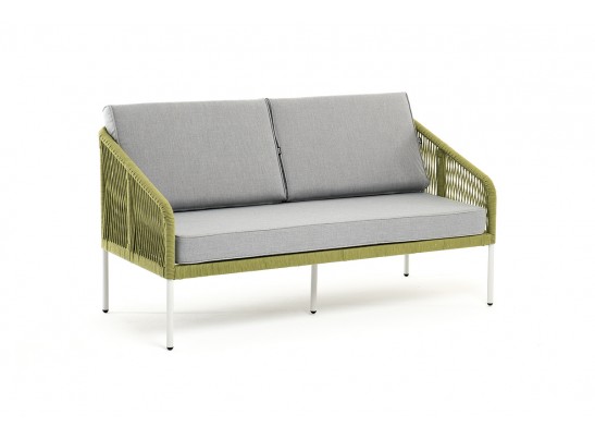 "Канны" диван 2-местный плетеный из роупа, каркас алюминий светло-серый (RAL7035) муар, роуп салатовый меланж круглый, ткань светло-серая в Набережных Челнах