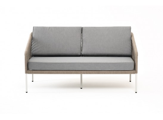 "Канны" диван 2-местный плетеный из роупа, каркас алюминий светло-серый (RAL7035) шагрень, роуп серый меланж круглый, ткань светло-серая в Набережных Челнах