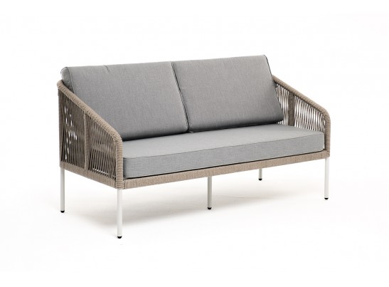 "Канны" диван 2-местный плетеный из роупа, каркас алюминий светло-серый (RAL7035) шагрень, роуп серый меланж круглый, ткань светло-серая в Набережных Челнах