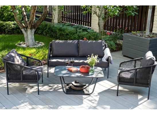 "Канны" диван 2-местный плетеный из роупа, каркас алюминий темно-серый (RAL7024) муар, роуп темно-серый круглый, ткань темно-серая 027 в Набережных Челнах