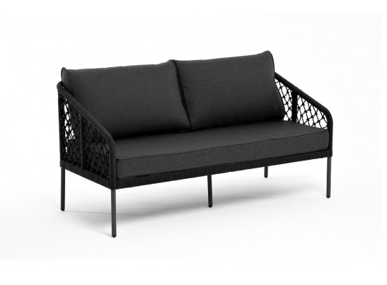 "Канны" диван 2-местный плетеный из роупа (узелки), каркас алюминий темно-серый (RAL7024) муар, роуп темно-серый круглый, ткань темно-серая 027 в Набережных Челнах