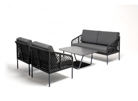 "Канны" диван 2-местный плетеный из роупа (узелки), каркас алюминий темно-серый (RAL7024) муар, роуп темно-серый круглый, ткань темно-серая 027 в Набережных Челнах