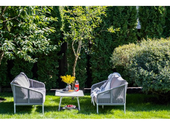 "Канны" диван 2-местный плетеный из роупа, каркас алюминий белый, роуп светло-серый, ткань светло-серая в Набережных Челнах