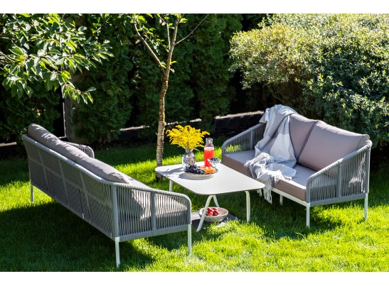 "Канны" диван 2-местный плетеный из роупа, каркас алюминий белый, роуп светло-серый, ткань светло-серая в Набережных Челнах