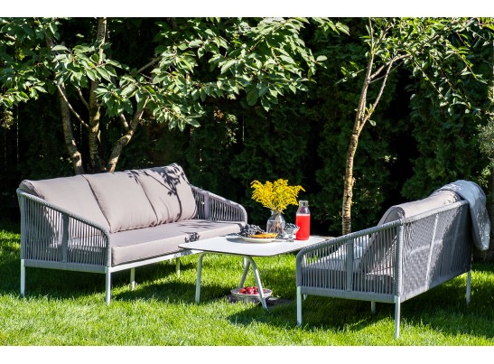 "Канны" диван 2-местный плетеный из роупа, каркас алюминий белый, роуп светло-серый кругл, ткань серая в Набережных Челнах "Канны" диван 2-местный плетеный из роупа, каркас алюминий белый, роуп светло-серый кругл, ткань серая в Набережных Челнах