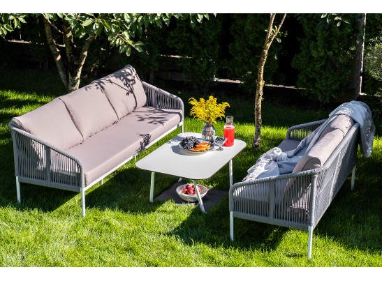 "Канны" диван 2-местный плетеный из роупа, каркас алюминий белый, роуп светло-серый кругл, ткань серая в Набережных Челнах "Канны" диван 2-местный плетеный из роупа, каркас алюминий белый, роуп светло-серый кругл, ткань серая в Набережных Челнах