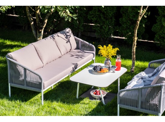 "Канны" диван 2-местный плетеный из роупа, каркас алюминий белый, роуп светло-серый кругл, ткань серая в Набережных Челнах "Канны" диван 2-местный плетеный из роупа, каркас алюминий белый, роуп светло-серый кругл, ткань серая в Набережных Челнах