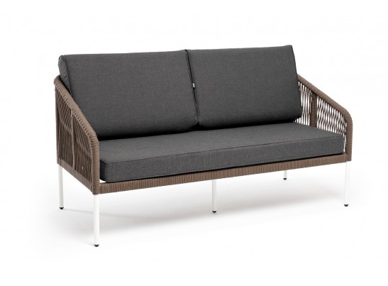"Канны" диван 2-местный плетеный из роупа, каркас алюминий белый, роуп коричневый круглый, ткань серая в Набережных Челнах