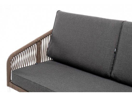 "Канны" диван 2-местный плетеный из роупа, каркас алюминий белый, роуп коричневый круглый, ткань серая в Набережных Челнах