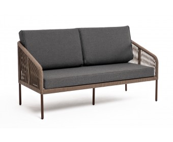 "Канны" диван 2-местный плетеный из роупа, каркас алюминий коричневый, роуп коричневый, ткань серая