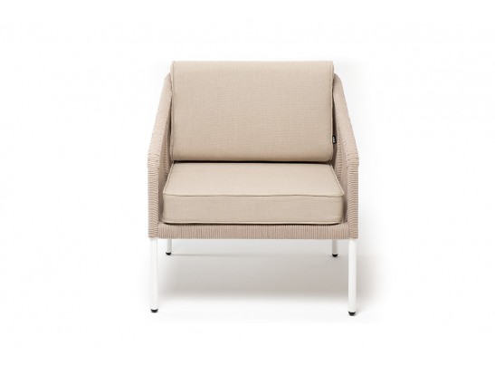 "Канны" кресло плетеное из роупа, каркас алюминий белый, муар, роуп бежевый круглый, ткань бежевая 052 в Набережных Челнах