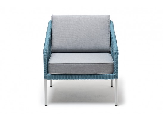 "Канны" кресло плетеное из роупа, каркас алюминий светло-серый (RAL7035) муар, роуп бирюзовый круглый, ткань светло-серая в Набережных Челнах