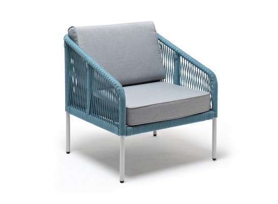 "Канны" кресло плетеное из роупа, каркас алюминий светло-серый (RAL7035) муар, роуп бирюзовый круглый, ткань светло-серая в Набережных Челнах