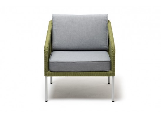 "Канны" кресло плетеное из роупа, каркас алюминий светло-серый (RAL7035) муар, роуп салатовый меланж круглый, ткань светло-серая в Набережных Челнах