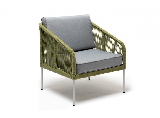 "Канны" кресло плетеное из роупа, каркас алюминий светло-серый (RAL7035) муар, роуп салатовый меланж круглый, ткань светло-серая в Набережных Челнах