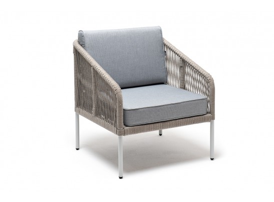"Канны" кресло плетеное из роупа, каркас алюминий светло-серый (RAL7035) муар, роуп серый меланж круглый, ткань светло-серая в Набережных Челнах