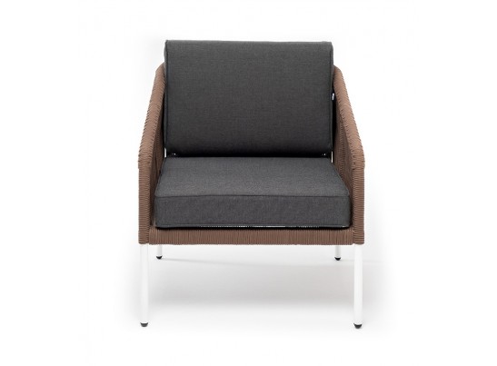 "Канны" кресло плетеное из роупа (веревки), каркас алюминий белый, роуп коричневый, ткань серая в Набережных Челнах