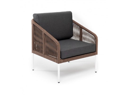 "Канны" кресло плетеное из роупа (веревки), каркас алюминий белый, роуп коричневый, ткань серая в Набережных Челнах