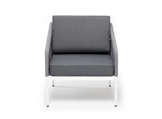 "Канны" кресло плетеное из роупа, каркас алюминий белый муар, роуп светло-серый круглый, ткань серая 017 в Набережных Челнах