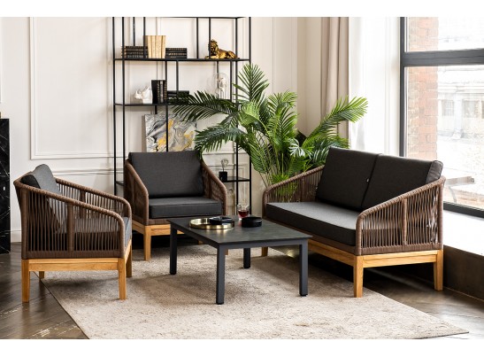 "Канны" лаунж-зона 4-ая из роупа со столиком "Канны" (серый гранит), основание дуб, роуп коричневый в Набережных Челнах