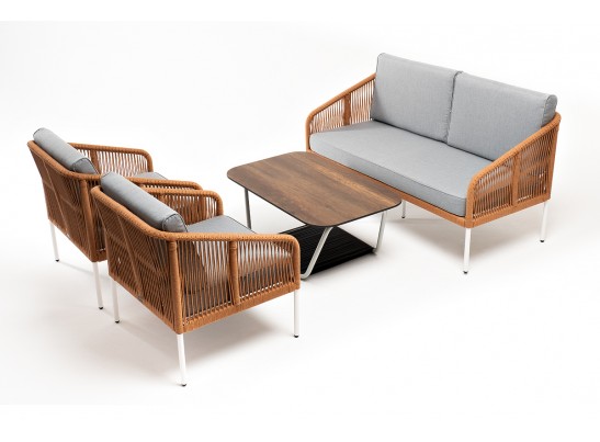 "Канны" лаунж-зона 4-местная из роупа со столом "Глория" цвет "дуб", каркас алюминиевый белый, роуп оранжевый меланж в Набережных Челнах