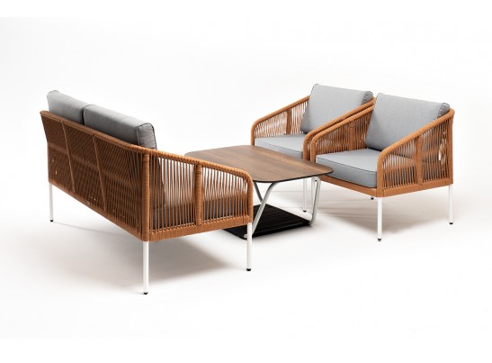 "Канны" лаунж-зона 4-местная из роупа со столом "Глория" цвет "дуб", каркас алюминиевый белый, роуп оранжевый меланж в Набережных Челнах