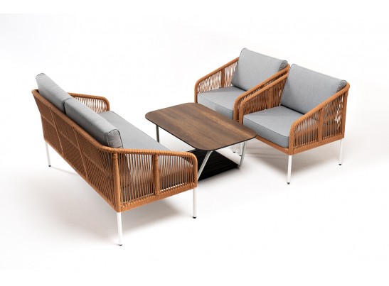 "Канны" лаунж-зона 4-местная из роупа со столом "Глория" цвет "дуб", каркас алюминиевый белый, роуп оранжевый меланж в Набережных Челнах