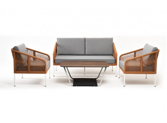 "Канны" лаунж-зона 4-местная из роупа со столом "Глория" цвет "дуб", каркас алюминиевый белый, роуп оранжевый меланж в Набережных Челнах