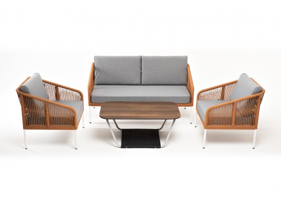 "Канны" лаунж-зона 4-местная из роупа со столом "Глория" цвет "дуб", каркас алюминиевый белый, роуп оранжевый меланж в Набережных Челнах