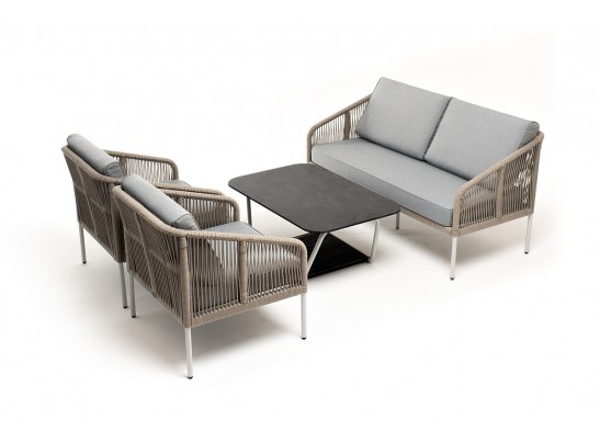 "Канны" лаунж-зона 4-местная из роупа со столом "Глория" (серый гранит), каркас алюминиевый светло-серый, роуп салатовый меланж в Набережных Челнах