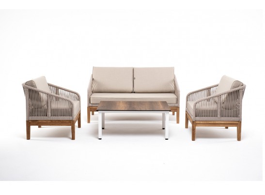 "Канны" лаунж-зона 4-местная из роупа со столиком "Канны" цвета "дуб", основание дуб, роуп бежевый в Набережных Челнах