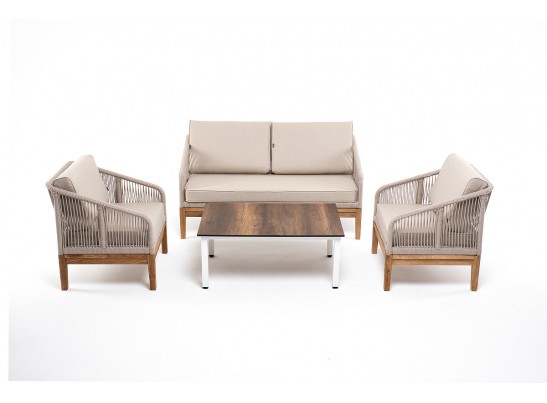 "Канны" лаунж-зона 4-местная из роупа со столиком "Канны" цвета "дуб", основание дуб, роуп бежевый в Набережных Челнах