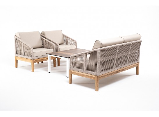 "Канны" лаунж-зона 4-местная из роупа со столиком "Канны" цвета "дуб", основание дуб, роуп бежевый в Набережных Челнах