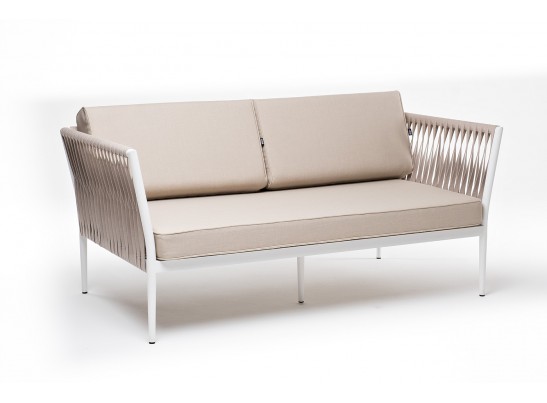 "Касабланка" диван 2-местный плетеный из роупа, каркас алюминий белый муар, роуп бежевый 20мм, ткань бежевая 15052 в Набережных Челнах