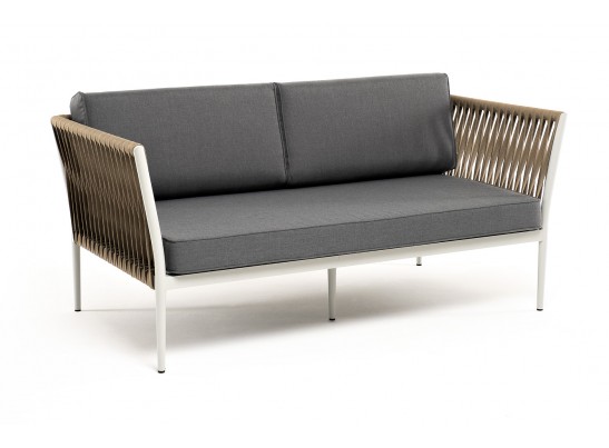 "Касабланка" диван 2-местный плетеный из роупа, каркас алюминий светло-серый (RAL7035) муар, роуп серо-коричневый 23мм, ткань серая 017 в Набережных Челнах