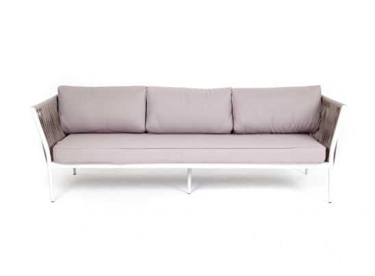 "Касабланка" диван 3-местный плетеный из роупа, каркас алюминий белый муар, роуп бежевый 20мм, ткань бежевая 052 в Набережных Челнах