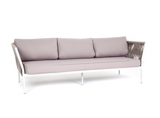 "Касабланка" диван 3-местный плетеный из роупа, каркас алюминий белый муар, роуп бежевый 20мм, ткань бежевая 052 в Набережных Челнах