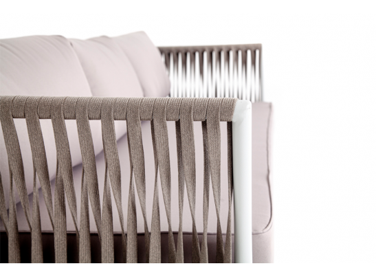 "Касабланка" диван 3-местный плетеный из роупа, каркас алюминий белый муар, роуп бежевый 20мм, ткань бежевая 052 в Набережных Челнах