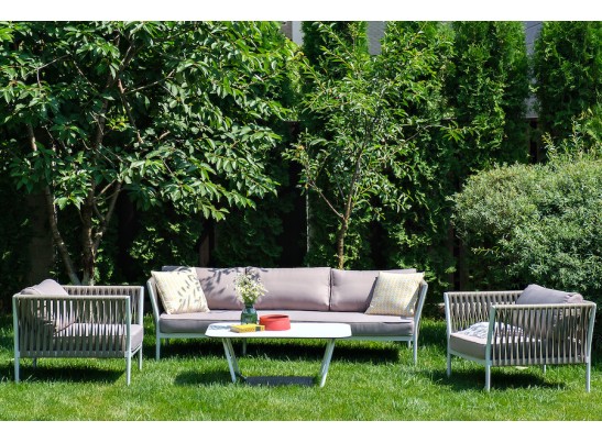 "Касабланка" диван 3-местный плетеный из роупа, каркас алюминий белый муар, роуп бежевый 20мм, ткань бежевая 052 в Набережных Челнах