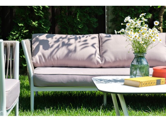 "Касабланка" диван 3-местный плетеный из роупа, каркас алюминий белый муар, роуп бежевый 20мм, ткань бежевая 052 в Набережных Челнах