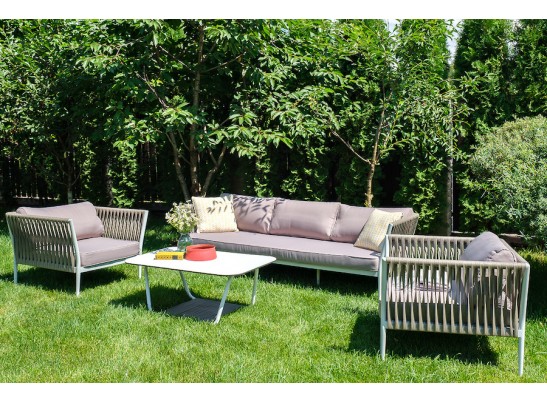 "Касабланка" диван 3-местный плетеный из роупа, каркас алюминий белый муар, роуп бежевый 20мм, ткань бежевая 052 в Набережных Челнах