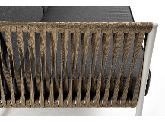 "Касабланка" диван 3-местный плетеный из роупа, каркас алюминий светло-серый (RAL7035) муар, роуп серо-коричневый 23мм, ткань серая 017 в Набережных Челнах