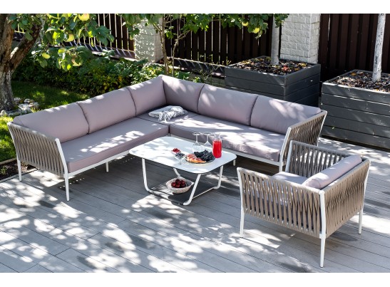 "Касабланка" диван модульный плетеный из роупа, каркас алюминий, роуп серо-коричневый 23мм, ткань бежевая 052 в Набережных Челнах