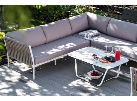 "Касабланка" диван модульный плетеный из роупа, каркас алюминий, роуп серо-коричневый 23мм, ткань бежевая 052 в Набережных Челнах