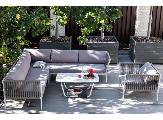 "Касабланка" диван модульный плетеный из роупа, каркас алюминий, роуп серо-коричневый 23мм, ткань бежевая 052 в Набережных Челнах