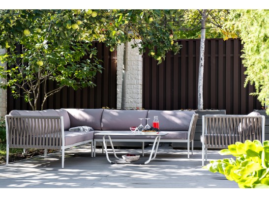 "Касабланка" диван модульный плетеный из роупа, каркас алюминий, роуп серо-коричневый 23мм, ткань бежевая 052 в Набережных Челнах