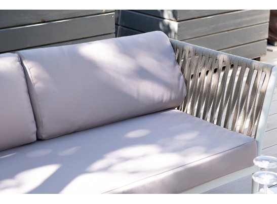 "Касабланка" диван модульный плетеный из роупа, каркас алюминий, роуп серо-коричневый 23мм, ткань бежевая 052 в Набережных Челнах