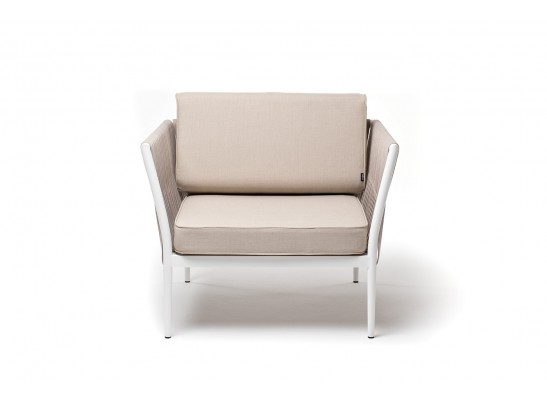 "Касабланка" кресло плетеное из роупа, каркас алюминий белый муар, роуп бежевый 20мм, ткань бежевая 15052 в Набережных Челнах