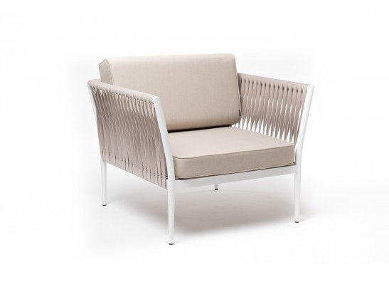"Касабланка" кресло плетеное из роупа, каркас алюминий белый муар, роуп бежевый 20мм, ткань бежевая 15052 в Набережных Челнах