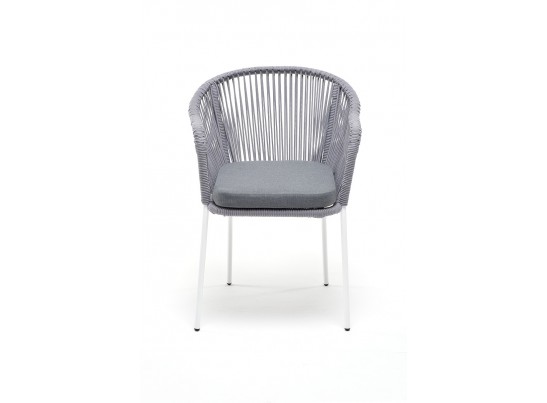"Лион" стул плетеный из роупа, каркас из стали белый муар, роуп светло-серый круглый, ткань светло-серая в Набережных Челнах